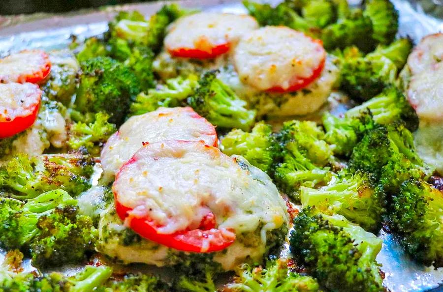 One-Pan Chicken with Mozzarella, Pesto, and Roasted Broccoli