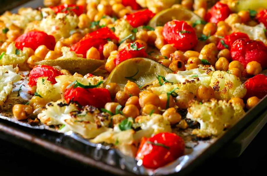 Quick and Easy Vegan Sheet Pan Roasted Cauliflower, Tomatoes, and Chickpeas