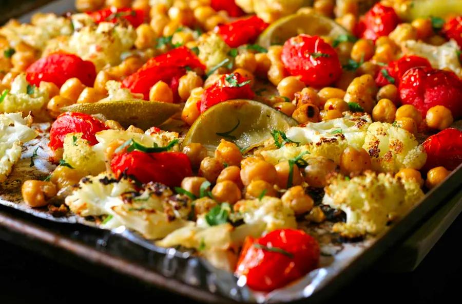 Quick and Easy Vegan Sheet Pan Roasted Cauliflower, Tomatoes, and Chickpeas