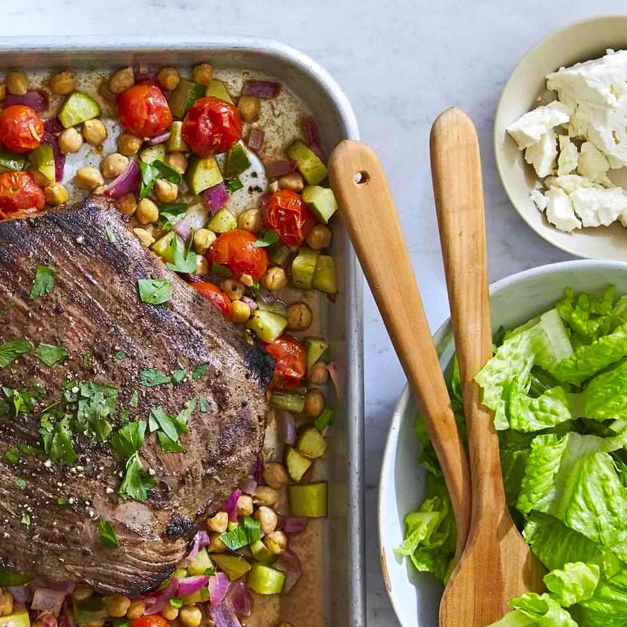 Greek Flank Steak with Roasted Veggie Salad