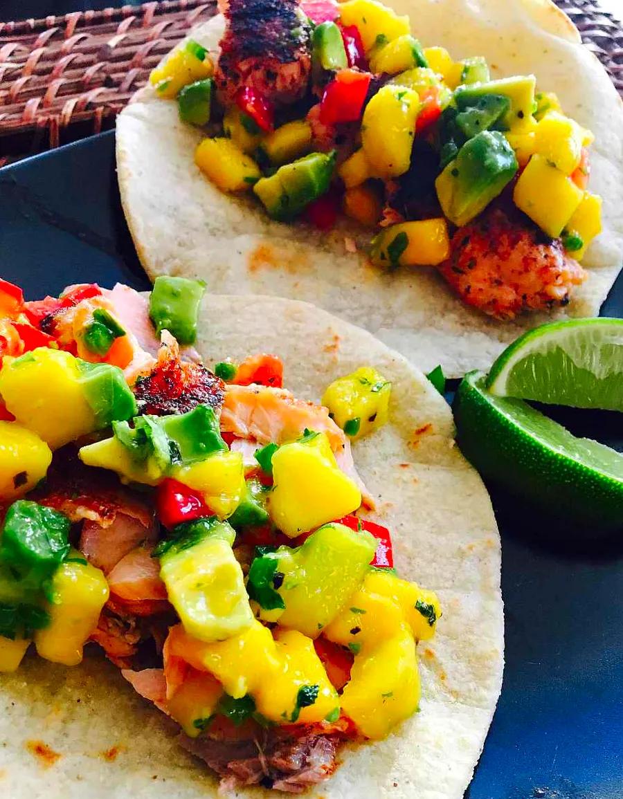 Spicy Blackened Salmon Tacos with Chunky Mango-Avocado Salsa