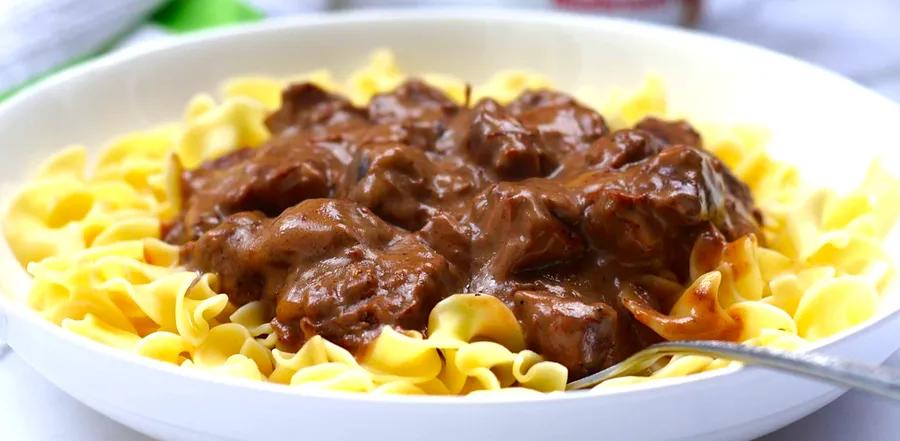 Rich and Creamy Beef Tips Over Egg Noodles