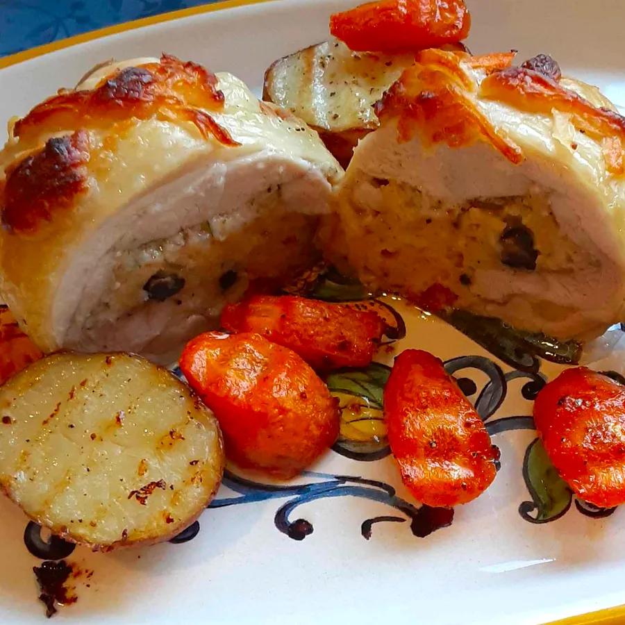 Cheese-Stuffed Chicken Thighs with Roasted Potatoes and Carrots