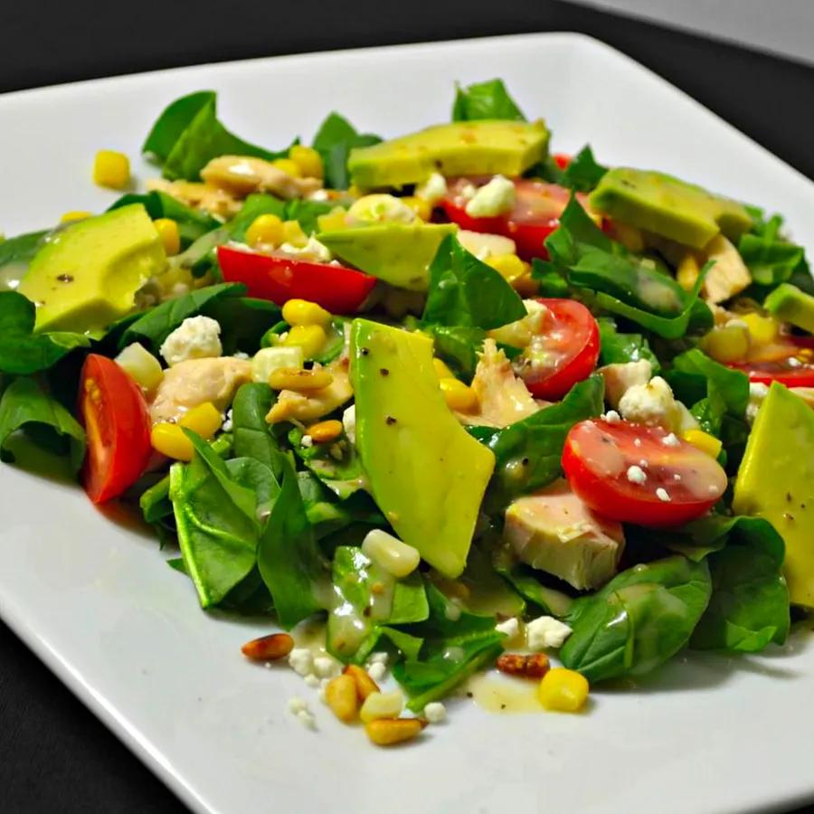 Spinach Salad with Grilled Chicken, Avocado, and Goat Cheese