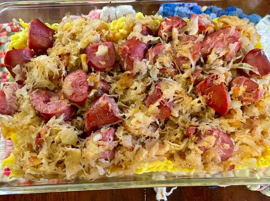 Spaetzle, Sauerkraut, and Sausage Bake