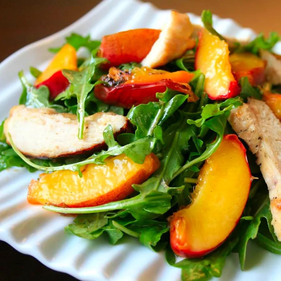 Grilled Chicken, Peach, and Arugula Salad with Balsamic Dressing