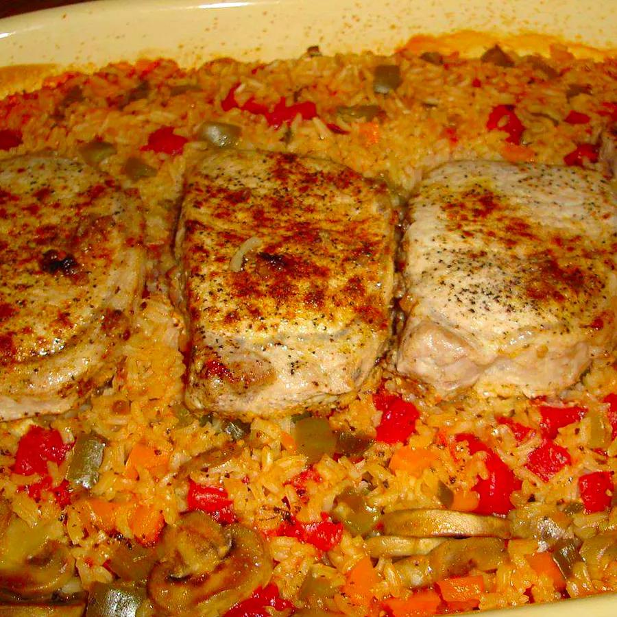 Succulent Pork Chops with Colorful Garden Rice