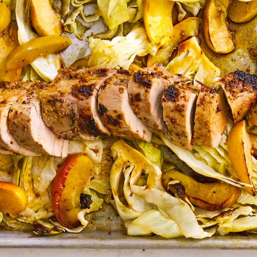 Honey-Mustard Pork with Sautéed Apples and Caramelized Cabbage