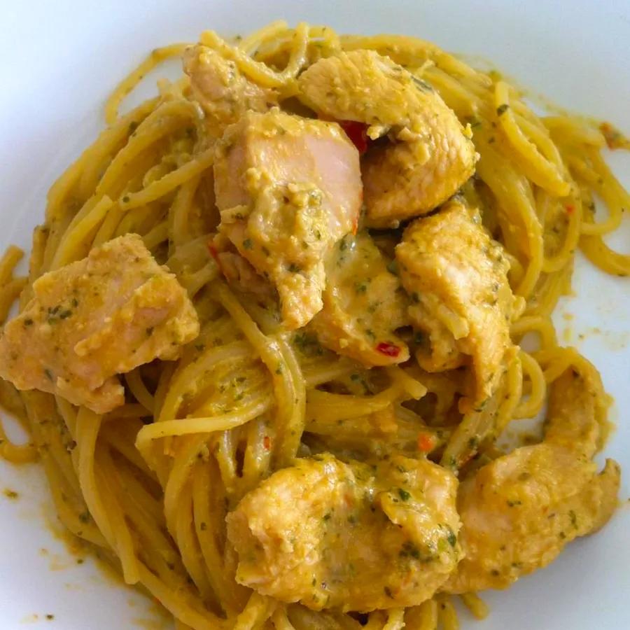 Delicious Chicken and Pasta in a Rich Pesto Cream Sauce