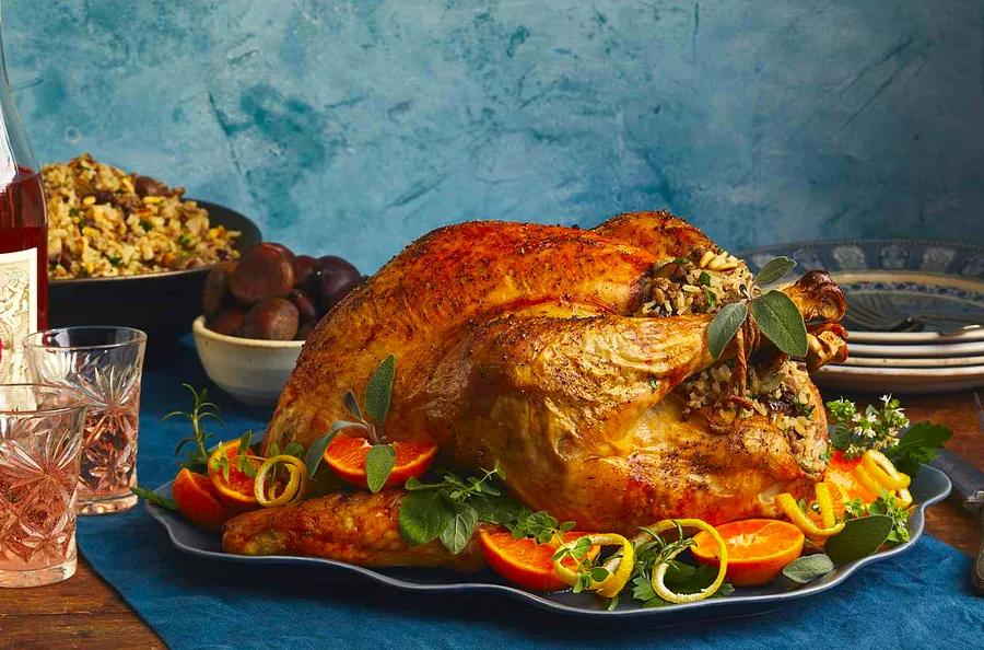 Greek-Style Roasted Turkey Stuffed with Chestnuts and Pine Nuts