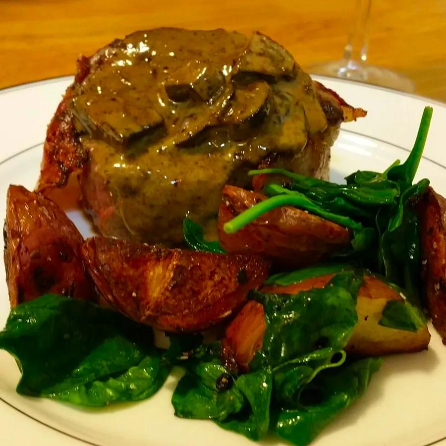 Filet Mignon Filled with Crab and Finished with Whiskey-Peppercorn Sauce