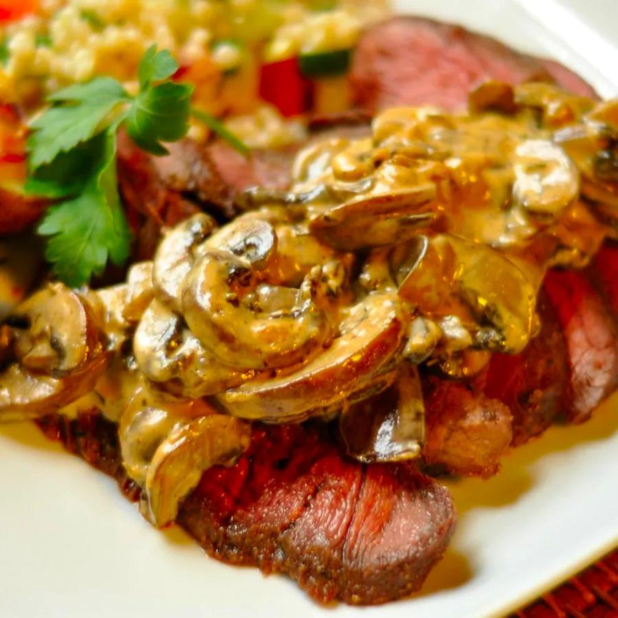 Flat Iron Steak with a Creamy Mushroom Sauce