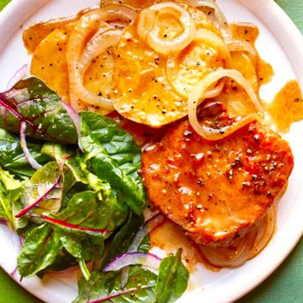 Cover Image for Pan-Seared Pork Chops with Potatoes and Caramelized Onions