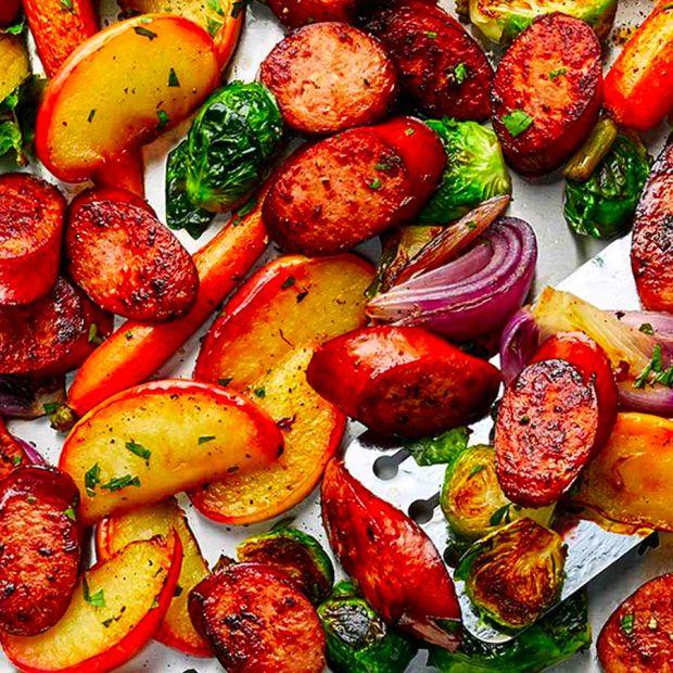 Cover Image for Smoked Sausage, Apple, and Root Vegetable Sheet Pan Dinner