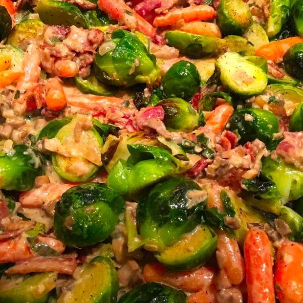 Cover Image for Sherry-Bacon Cream Sauce Brussels Sprouts